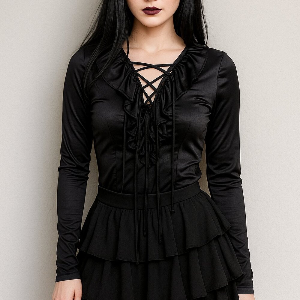 Forever 21 Black Laceup Front Corset Style Ruffle Bodysuit Bodycon Size M Junior